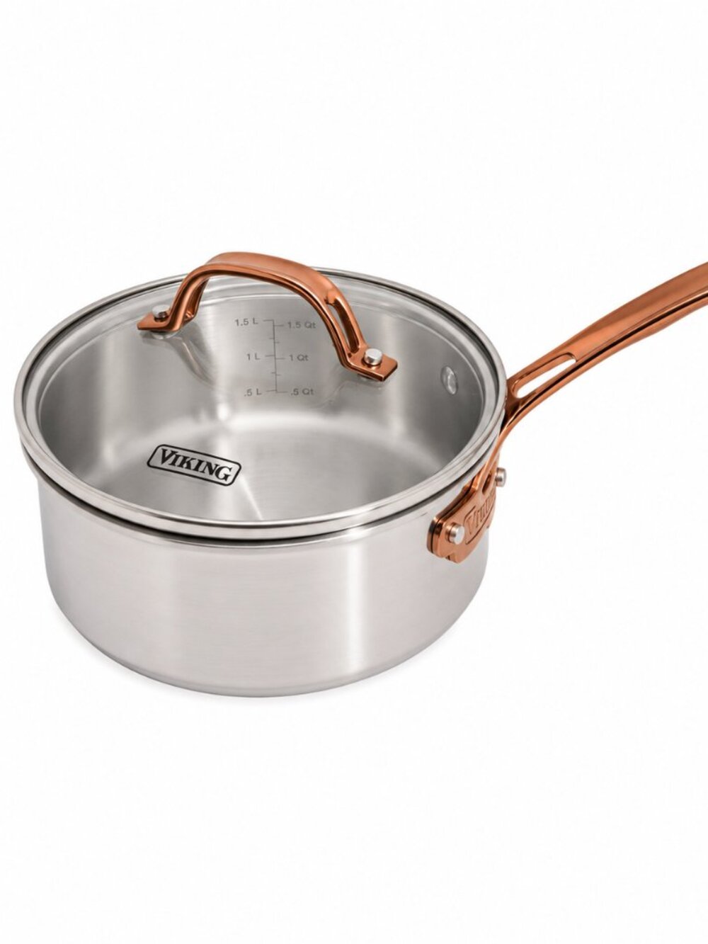Viking 3-Ply Stainless Steel 2.25 Quart Sauce Pan Glass Lid Copper Handle